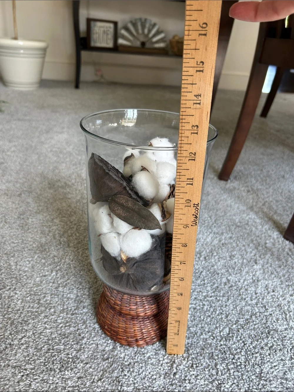 Clear Glass Decorative Hurricane Vase with White Cotton & Brown Woven Base
